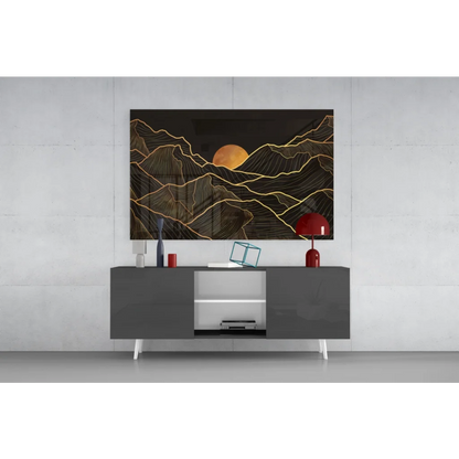 Sleek modern gray TV stand with white legs and storage, black gold mountain glass wall art