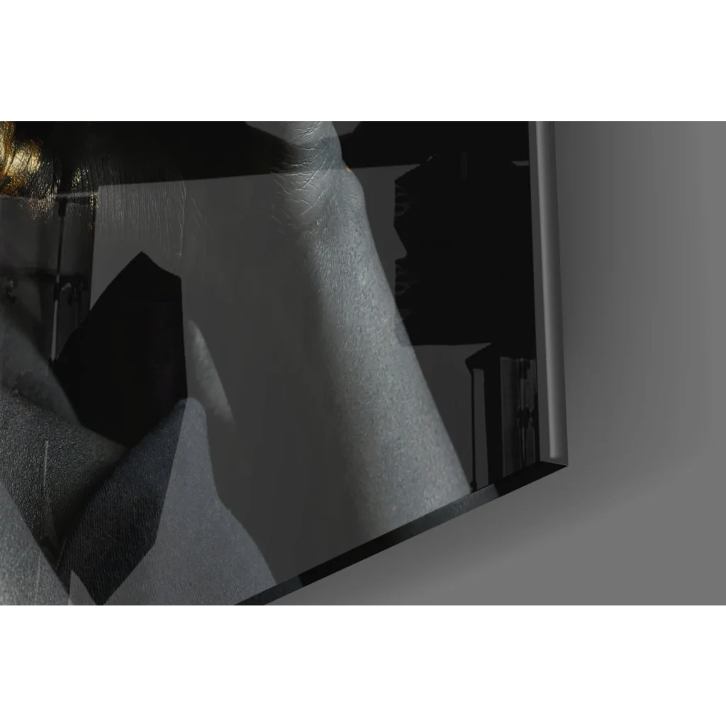 Sleek black-framed glass wall art mirror with abstract gray tones