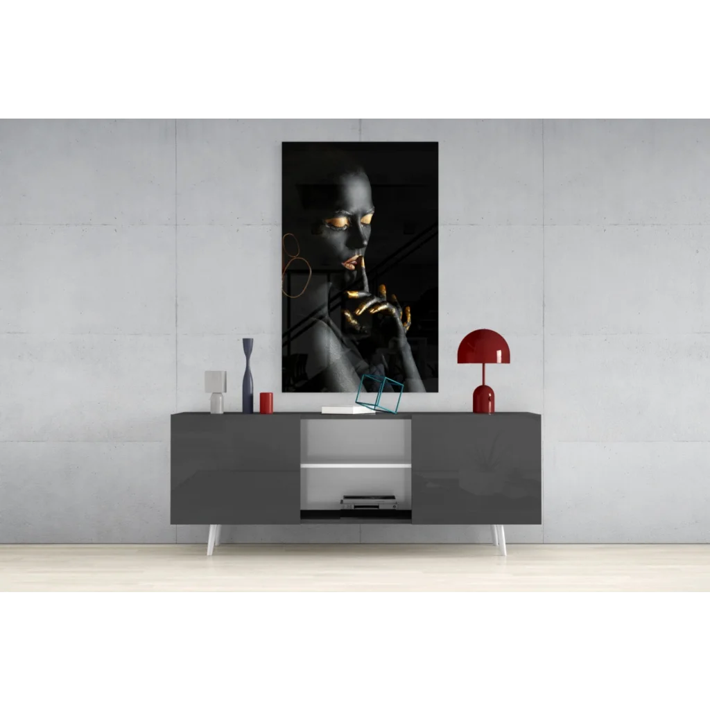 Stunning black gold portrait canvas wall art of woman with golden eyes