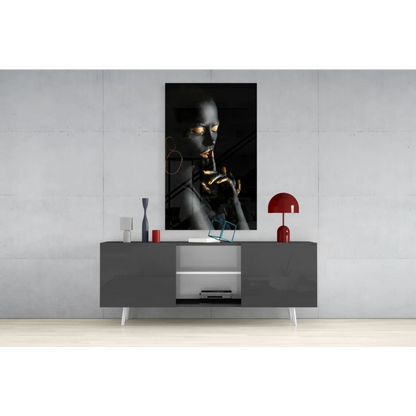 Stunning black gold portrait canvas wall art of woman with golden eyes