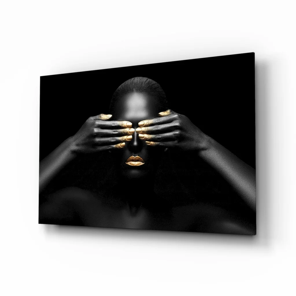 Stunning black gold woman portrait on tempered glass art