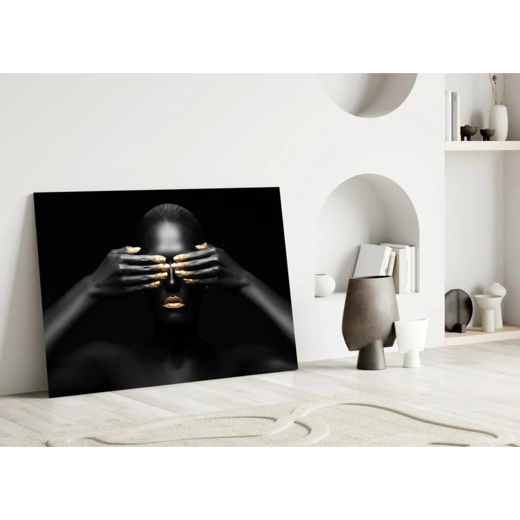 Stunning black and gold woman portrait tempered glass art for walls