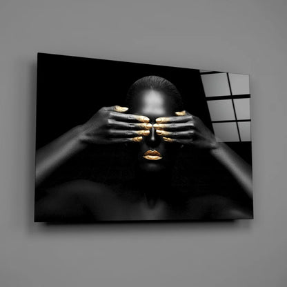 Stunning black and gold woman portrait tempered glass art for walls