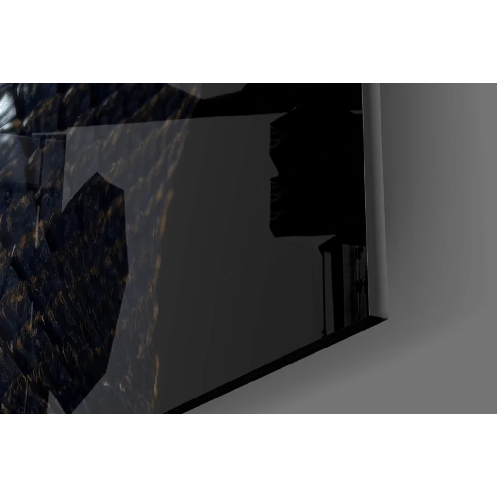 Black-framed glossy glass wall art with reflective screen showing dark abstract snake patterns
