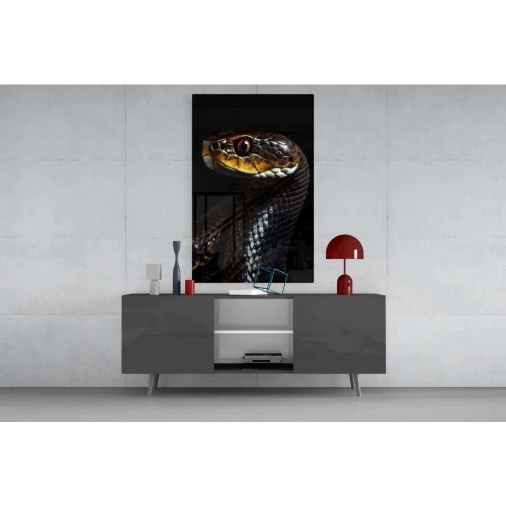 Stunning black gold snake glass wall art portrait on gray console