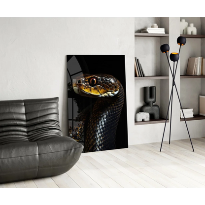 Stunning black gold snake glass wall art portrait on white wall