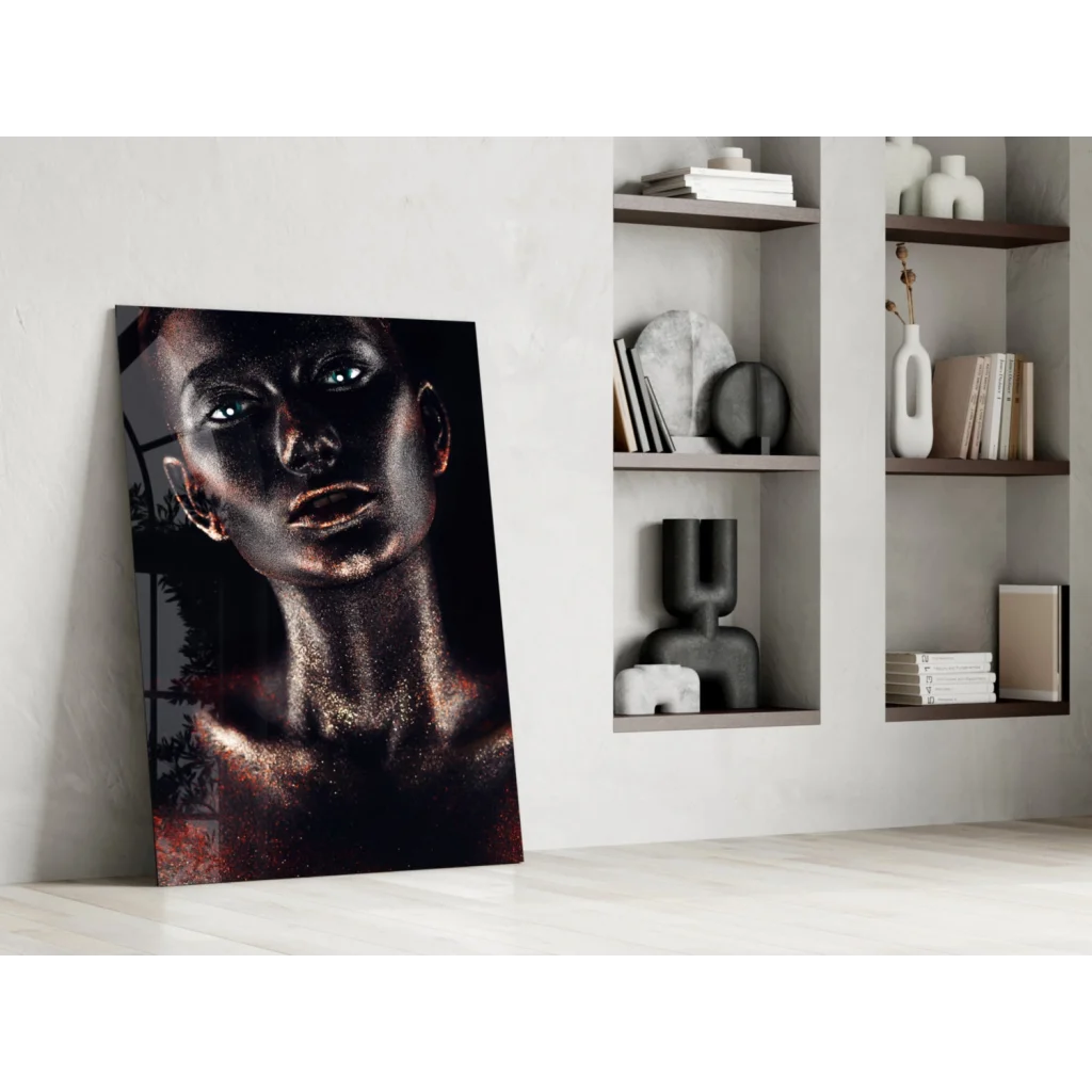 Stunning black gold tempered glass art portrait for walls
