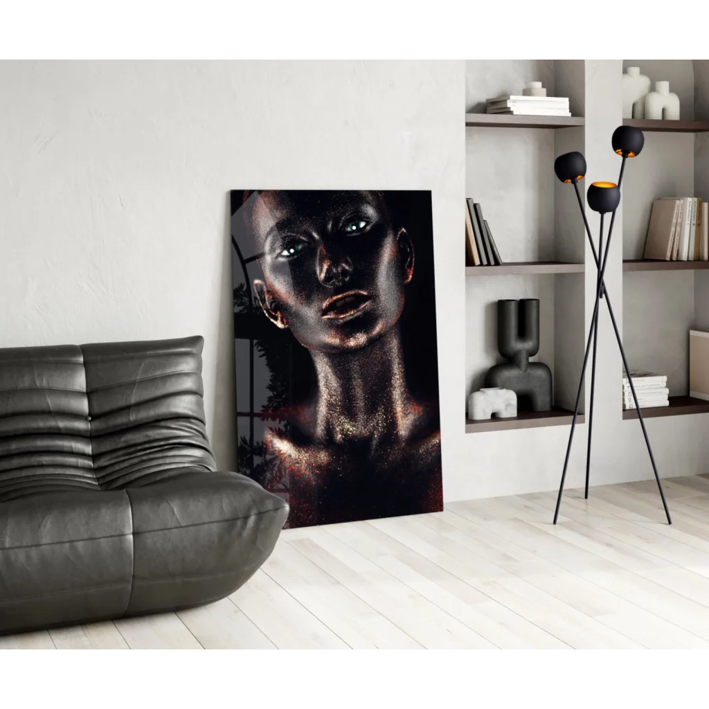 Stunning black gold tempered glass art portrait for walls