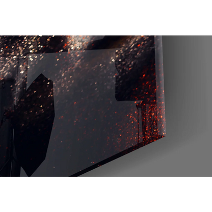 Red glittery sequin clutch with black strap on tempered glass art