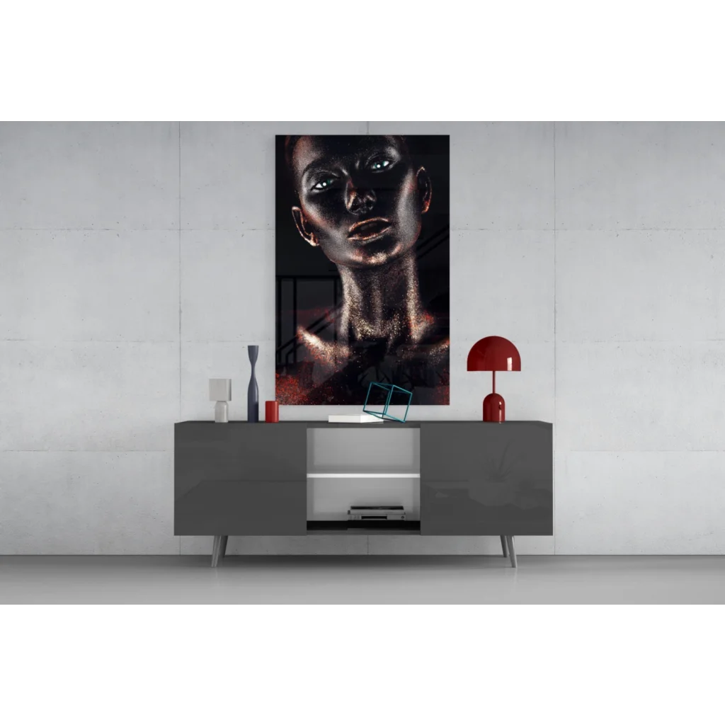 Stunning black gold tempered glass art portrait of womans glossy face