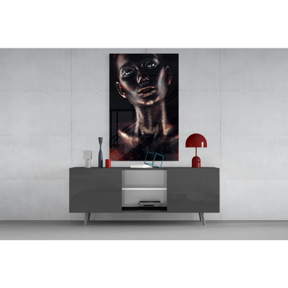 Stunning black gold tempered glass art portrait of womans glossy face