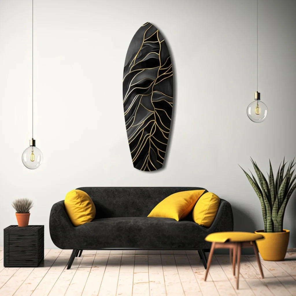 Stunning black surfboard tempered glass art with gold leaf design