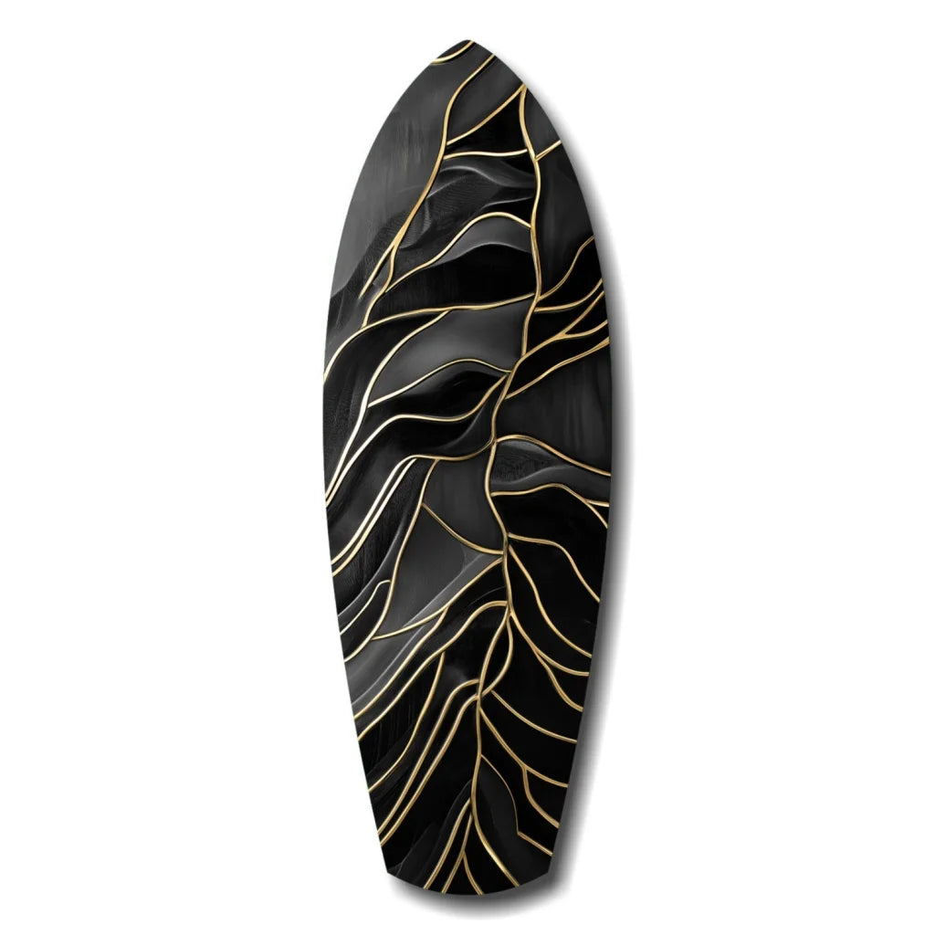 Stunning black surfboard with gold leaf on tempered glass art