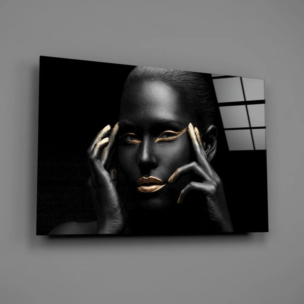 Stunning black gold tempered glass art with hands covering eyes