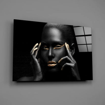 Stunning black gold tempered glass art with hands covering eyes