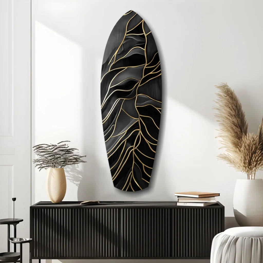 Stunning black gold tempered glass art with textured leaf vine lines