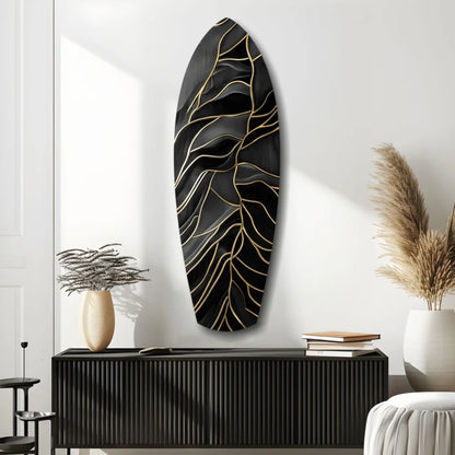 Stunning black gold tempered glass art with textured leaf vine lines