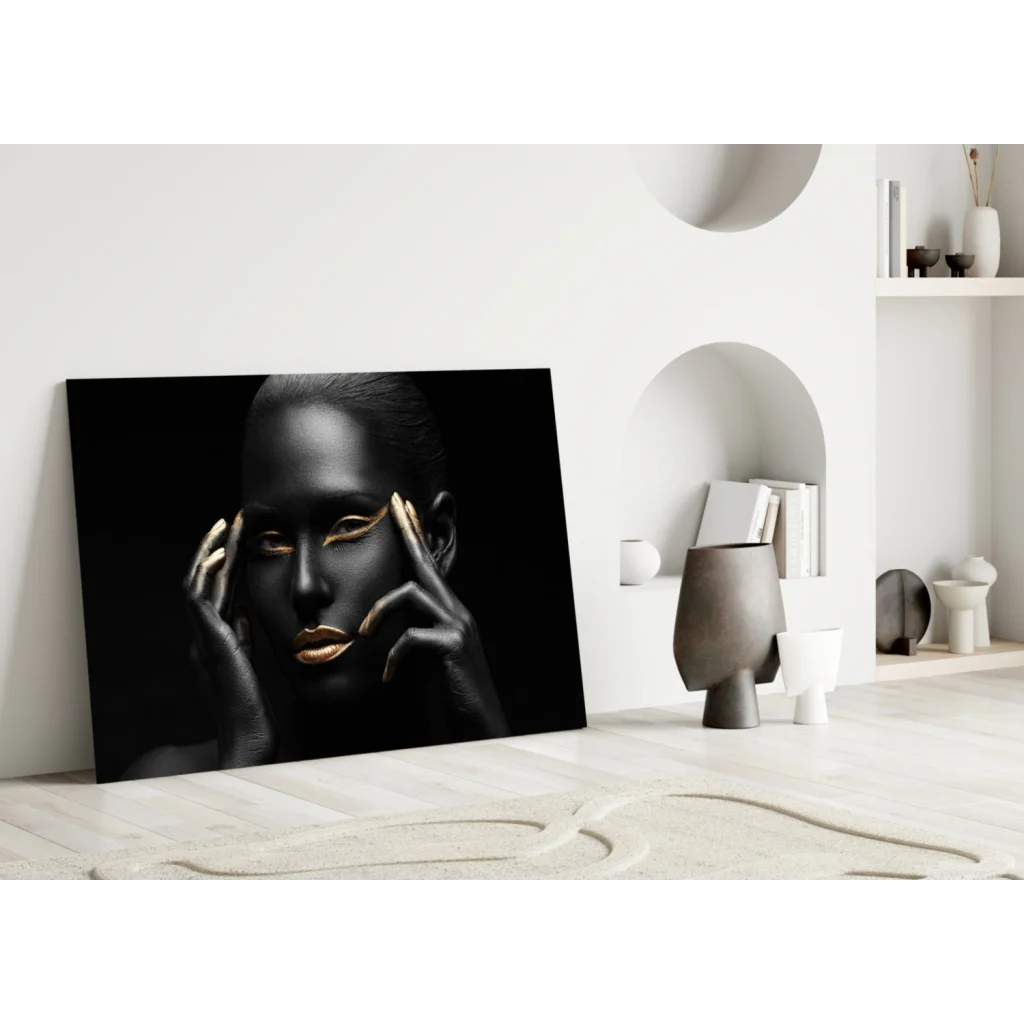 Stunning black gold tempered glass art print with glossy finish