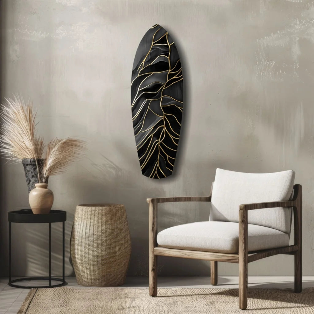 Stunning black surfboard tempered glass art with gold lines and wood frame