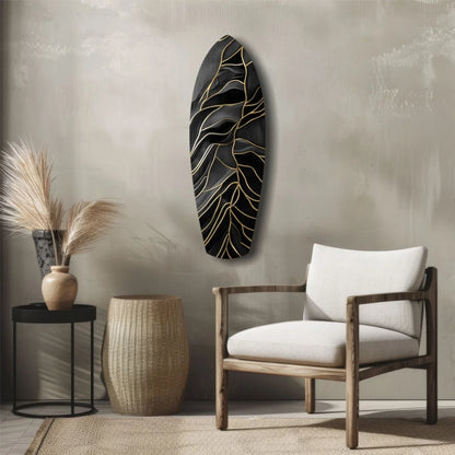 Stunning black surfboard tempered glass art with gold lines and wood frame