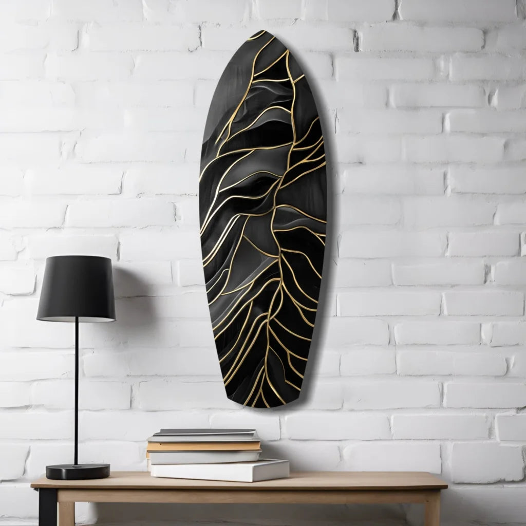 Stunning black gold tempered glass art with textured lines