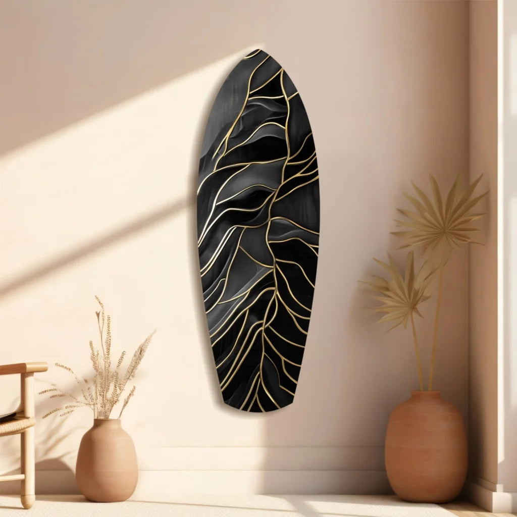Stunning black gold tempered glass art with surfboard and wave design