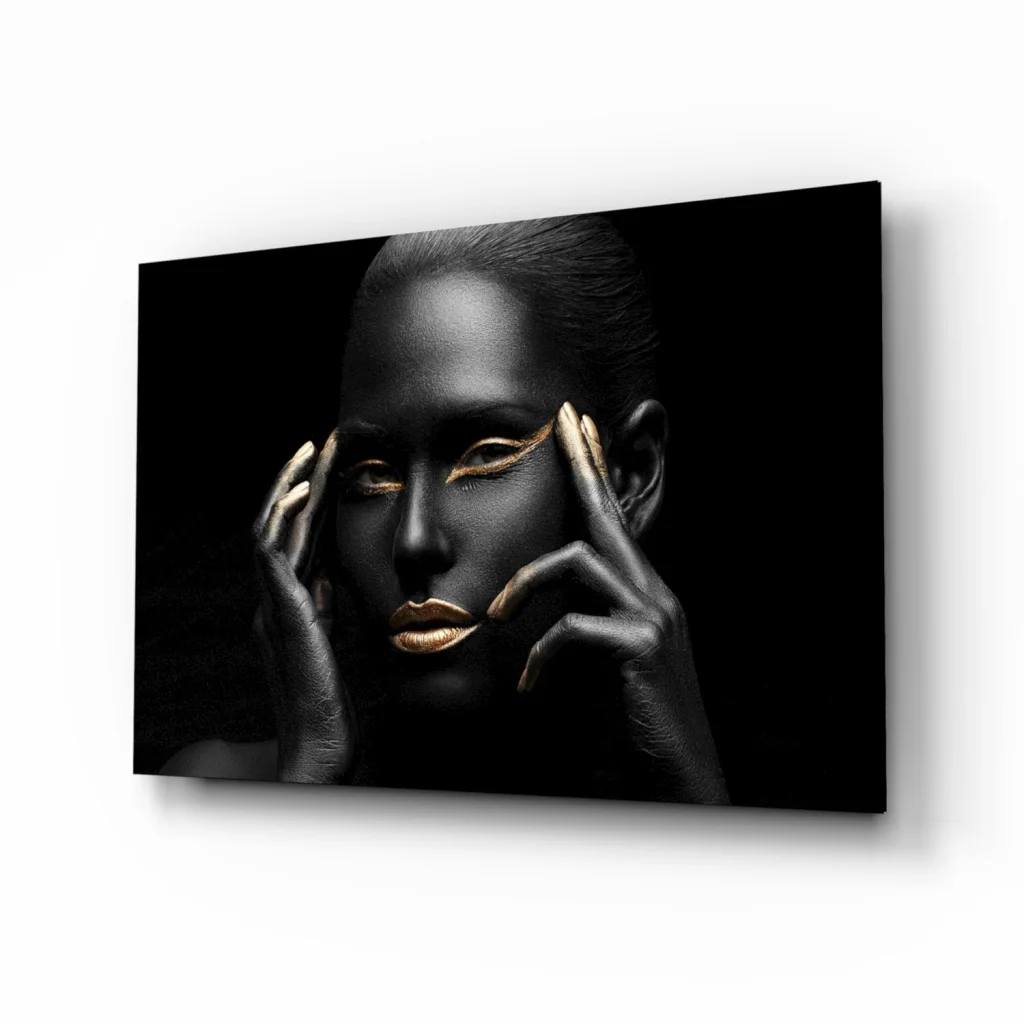 Stunning black and gold tempered glass art print on canvas with size comparison