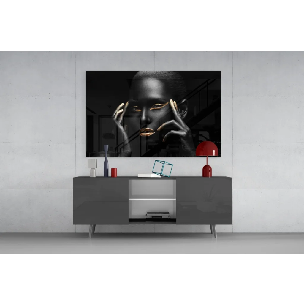 Samsung QLED TV on black gold tempered glass art