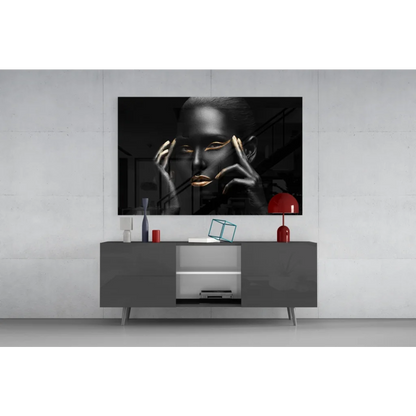 Samsung QLED TV on black gold tempered glass art
