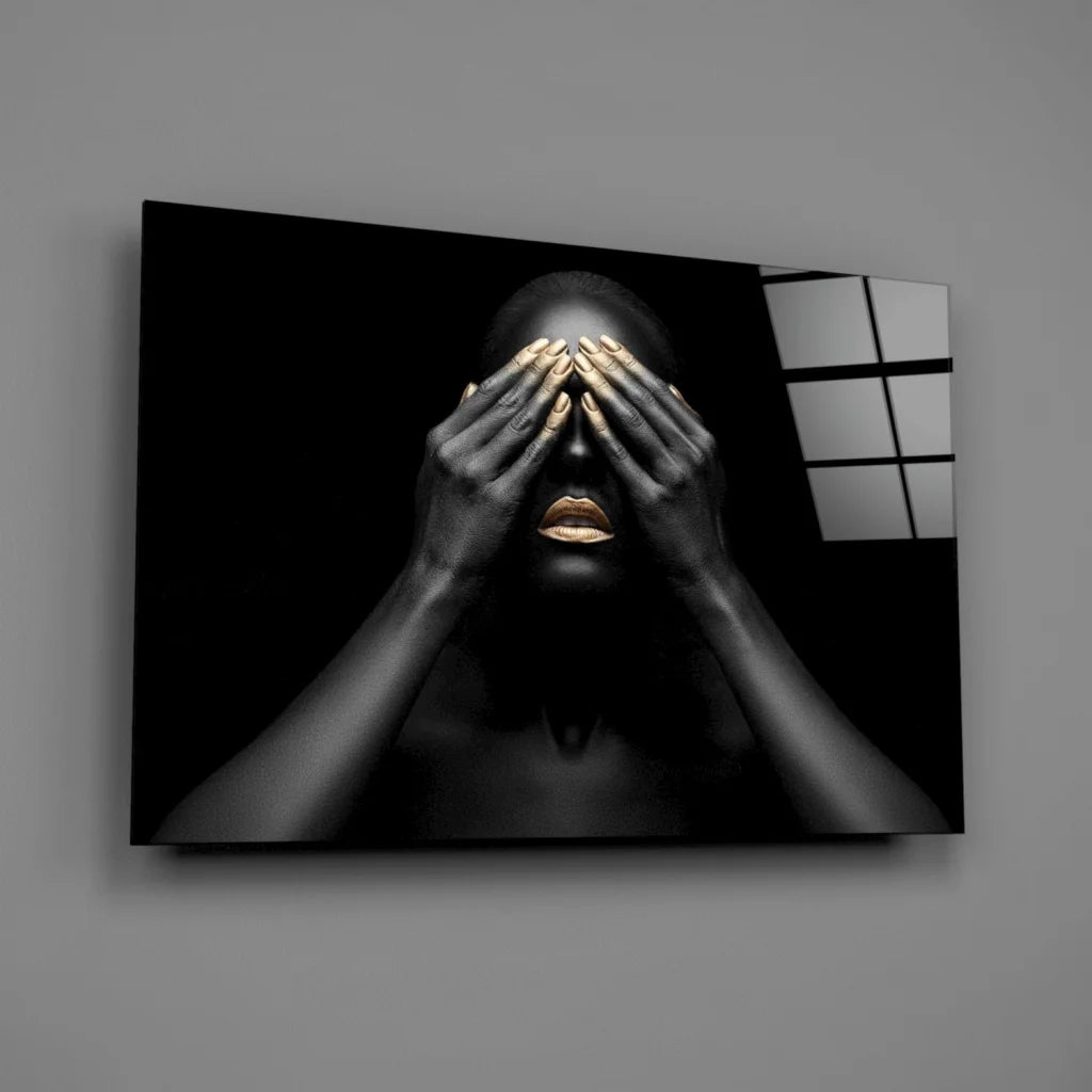 Black gold woman tempered glass art with eyes covered minimalist design