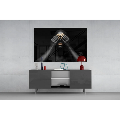 Stunning black gold woman tempered glass art with figure covering face