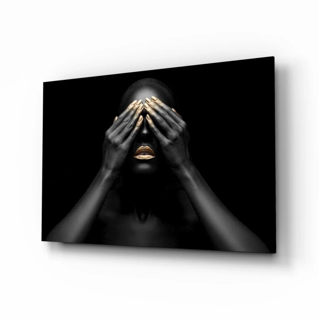 Stunning black gold woman tempered glass art with gold lips and hands over eyes