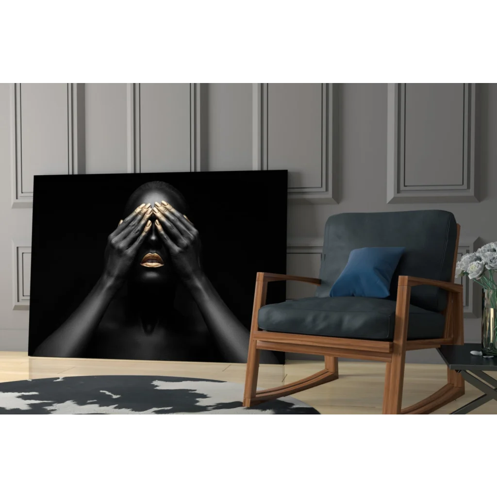 Black gold woman on tempered glass art with size comparison