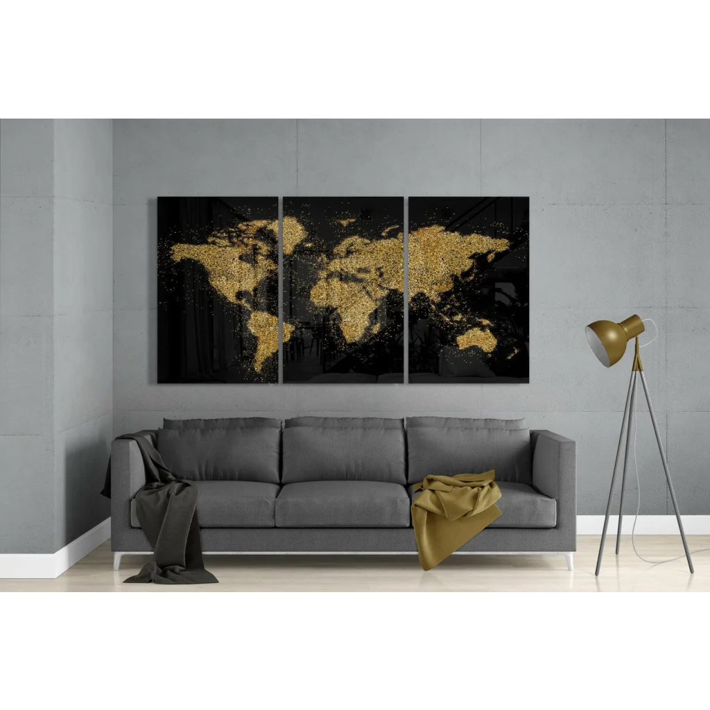 Stunning black gold world map glass wall art triptych design