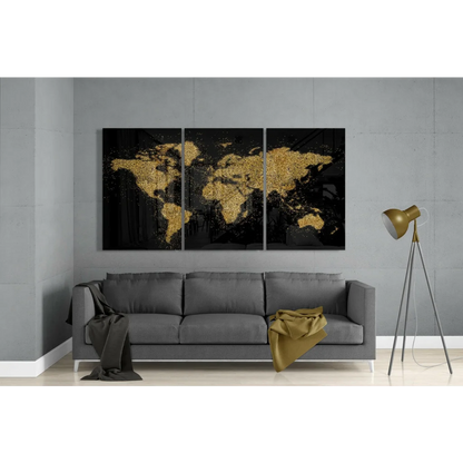 Stunning black gold world map glass wall art triptych design
