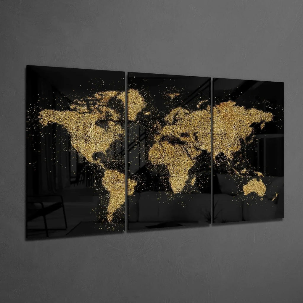 Stunning black gold world map glass wall art triptych