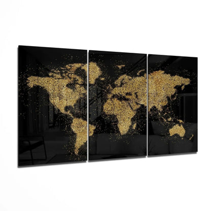 Stunning black gold world map glass wall art triptych