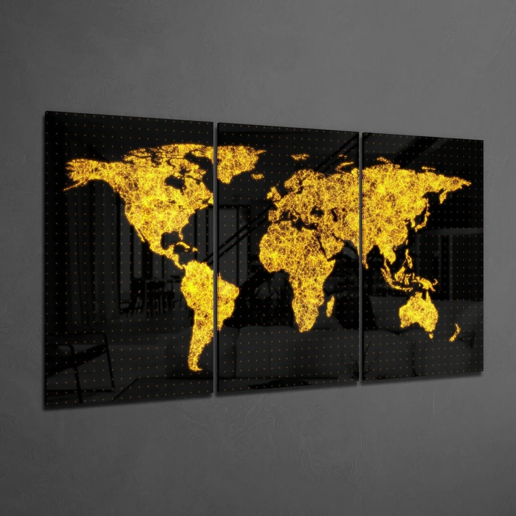 Stunning Black Gold World Map Glass Wall Art Triptych | Glass Wall Art Print | vintageantiquesgifts.com