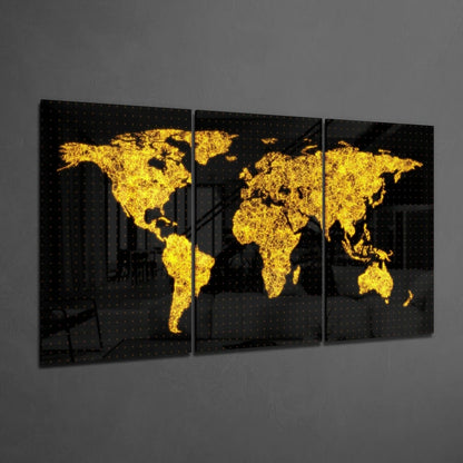 Stunning Black Gold World Map Glass Wall Art Triptych | Glass Wall Art Print | vintageantiquesgifts.com