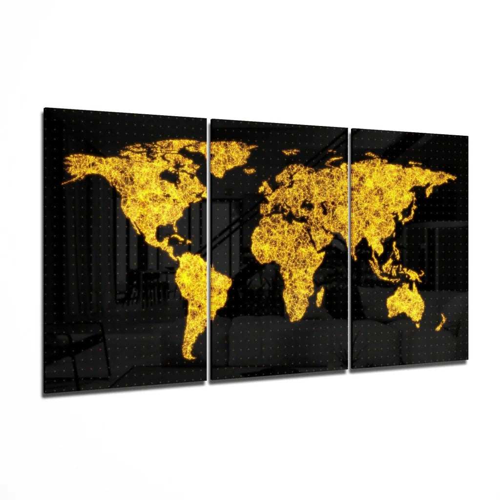 Stunning Black Gold World Map Glass Wall Art Triptych | Insigneart USA | vintageantiquesgifts.com