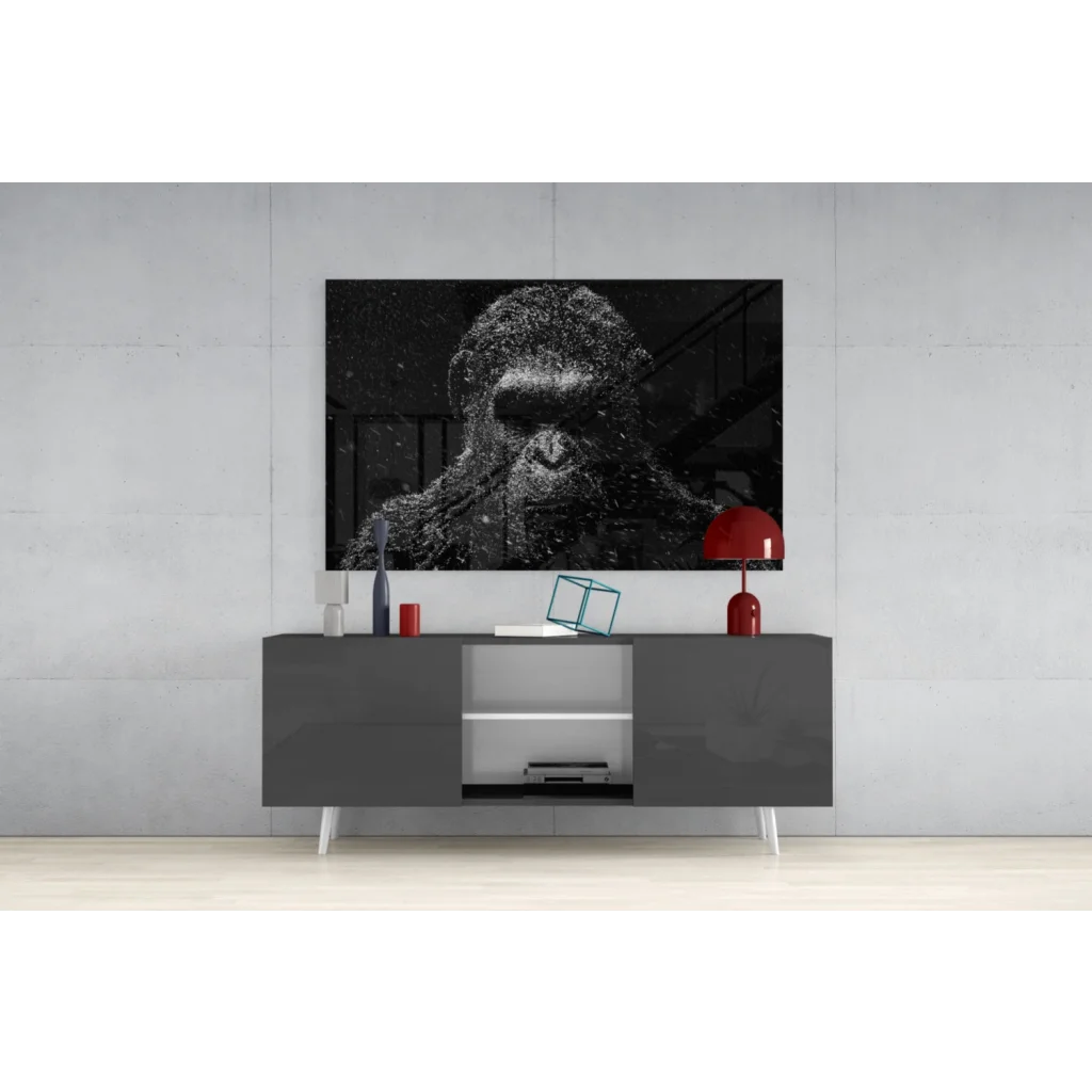 Modern gray lacquered sideboard with white legs and open storage compartments