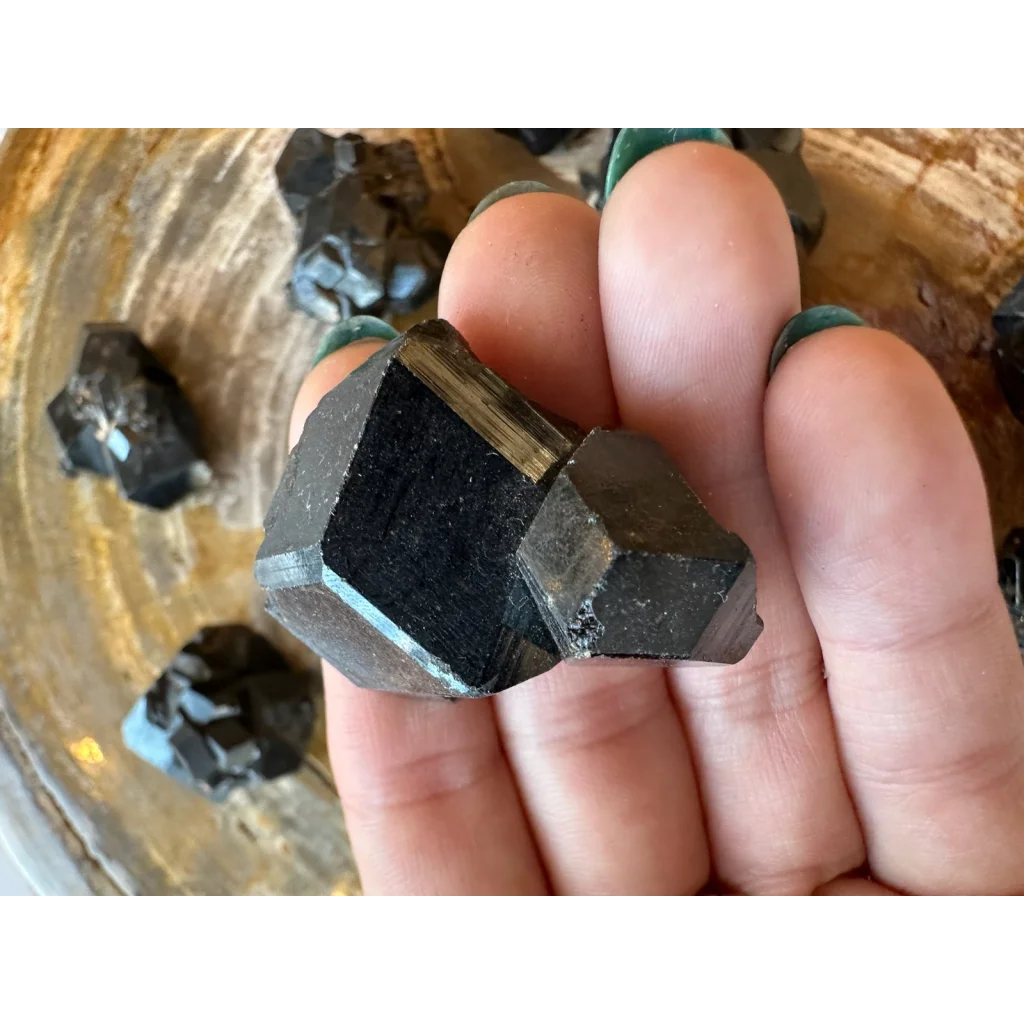 Hand holding stunning black melanite garnet crystal from Mali Africa