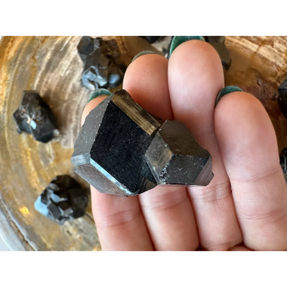 Hand holding stunning black melanite garnet crystal from Mali Africa