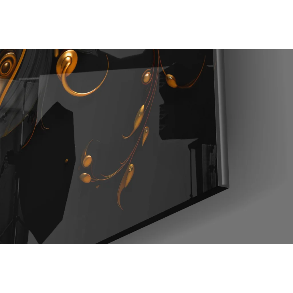 Stunning black orange floral glass wall art with metallic gold swirling shine