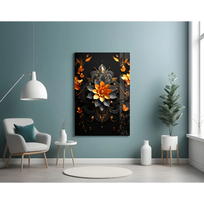 Stunning black orange floral wall art with metallic gold shine