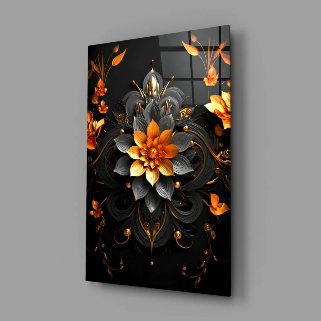 Stunning black orange floral glass wall art with metallic gold shine