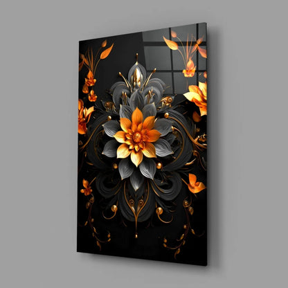 Stunning black orange floral glass wall art with metallic gold shine