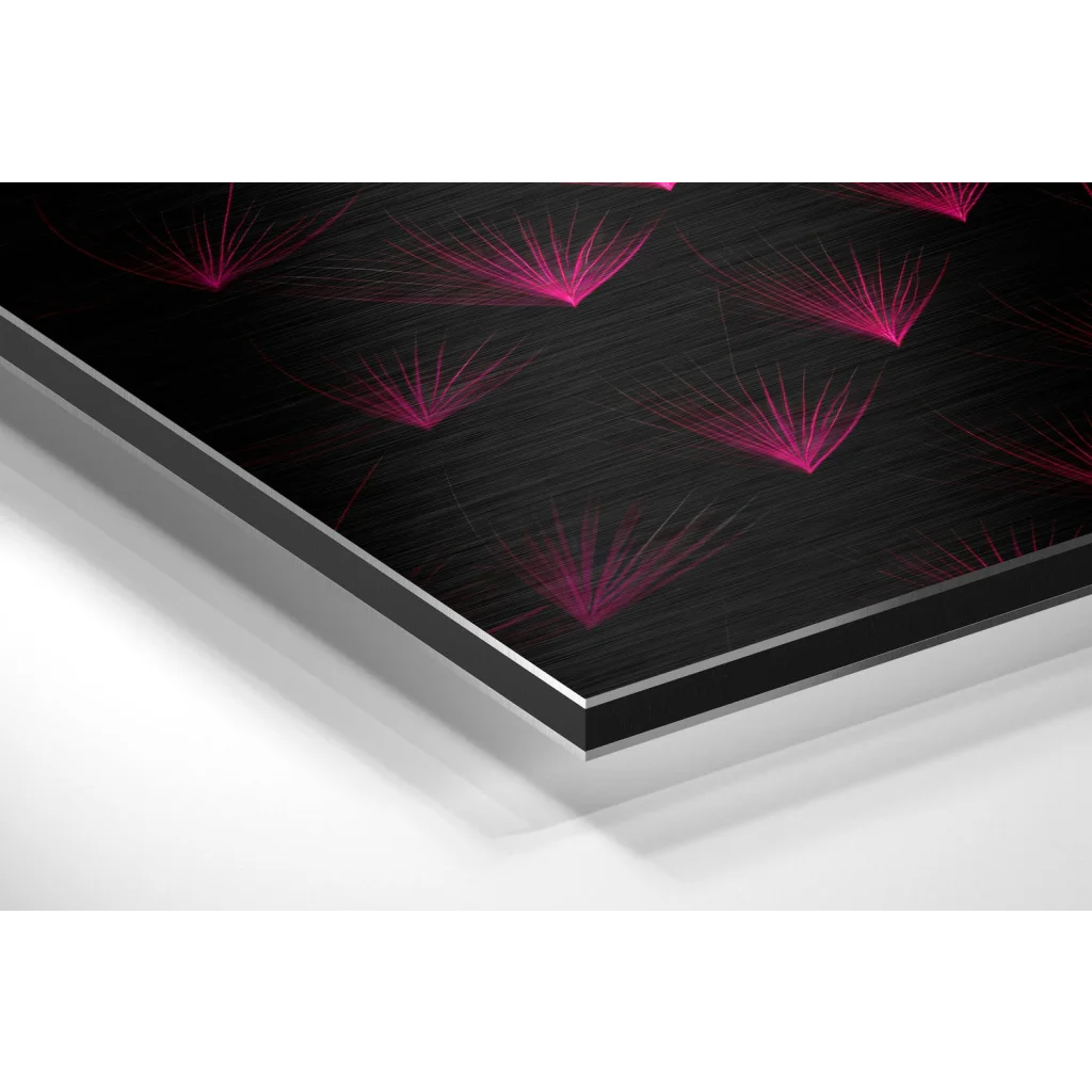 Glass Wall Art Stunning black pink dandelion art on brushed aluminium dibond