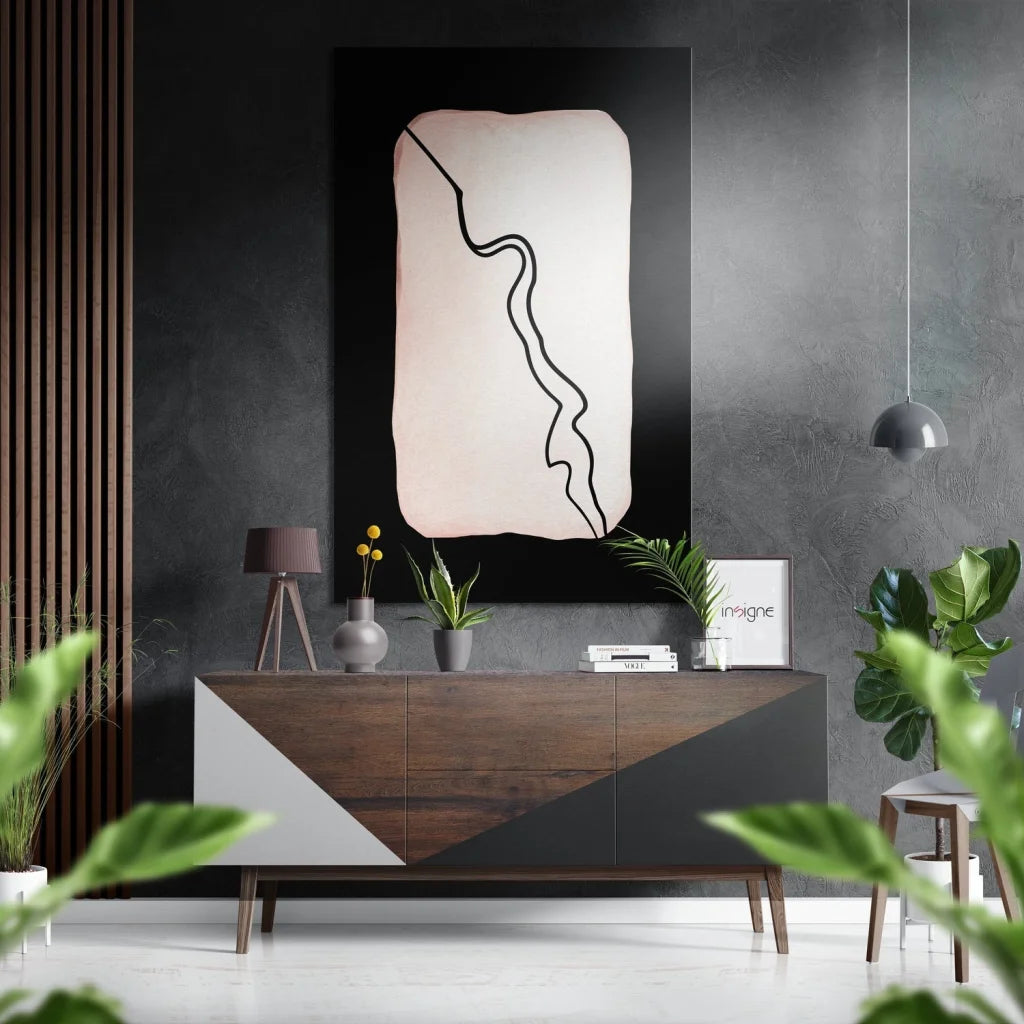 Stunning black rose gold brushed aluminium dibond wall art with pink abstract wavy lines
