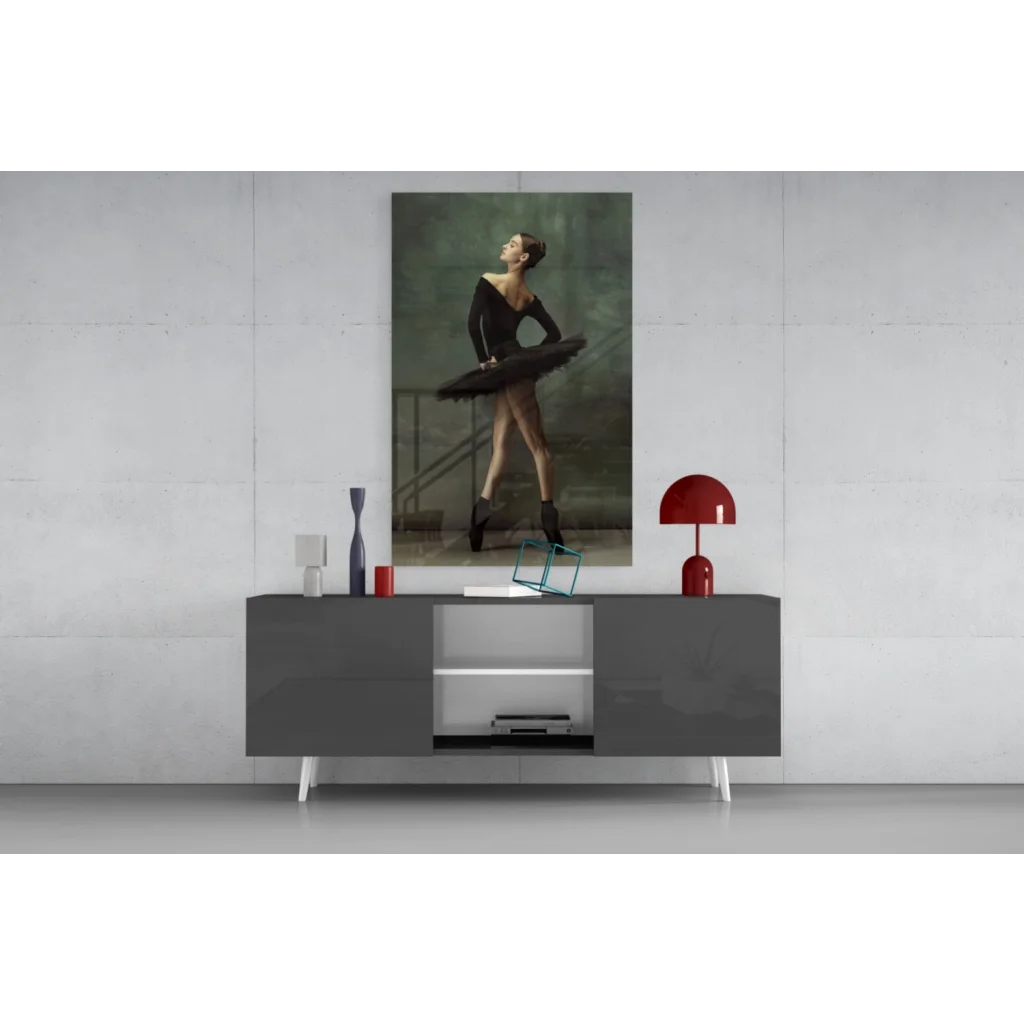 Modern gray sideboard with white legs in glass wall art print